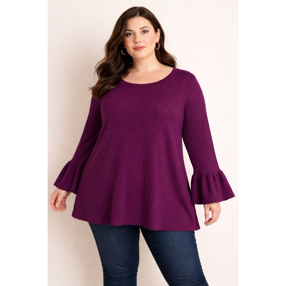 Du Jour Women's Sz 3X Purple Ribbed-Knit Sweater Flared Bell-Style Sleeve Cuffs